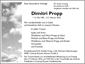 Traueranzeige von Dimitri Propp von Stadtanz.Castrop-Rauxel