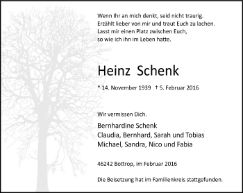 Traueranzeige von Heinz Schenk von Stadtspiegel Bottrop