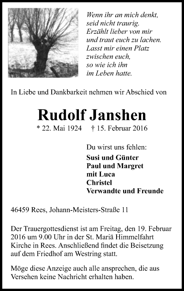  Traueranzeige für Rudolf Janshen vom 17.02.2016 aus Stadtanzeiger Emmerich/Rees/Isselburg