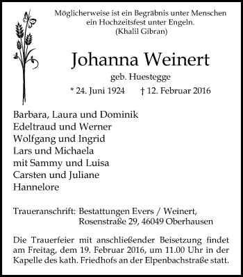Traueranzeige von Johanna Weinert von Wochen-Anzeiger Oberhausen