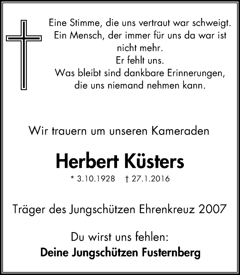  Traueranzeige für Herbert Küsters vom 03.02.2016 aus Der Weseler + Der Xantener