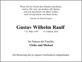 Traueranzeige von Gustav Wilhelm Raulf von Stadtspiegel Hattingen/Niedersprockhövel