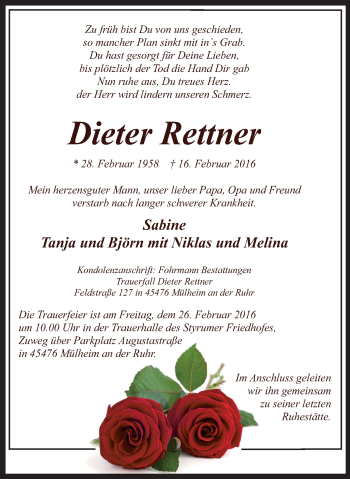 Traueranzeige von Dieter Rettner von Mülheimer Woche