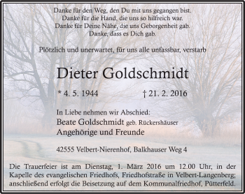 Traueranzeige von Dieter Goldschmidt von Stadtanzeiger Velbert + Heiligenhaus
