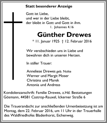 Traueranzeige von Günter Drewes von Stadtanz.Castrop-Rauxel