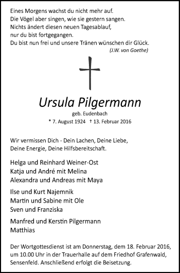 Traueranzeige von Ursula Pilgermann von Stadtspiegel Bottrop