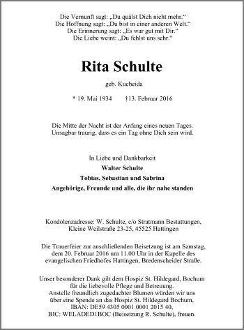 Traueranzeige von Rita Schulte von Stadtspiegel Hattingen/Niedersprockhövel