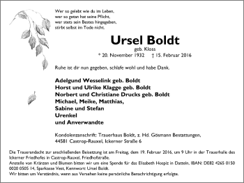 Traueranzeige von Ursel Boldt von Stadtanz.Castrop-Rauxel