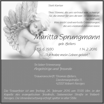 Traueranzeige von Maritta Sprungmann von Stadtanzeiger Velbert + Heiligenhaus