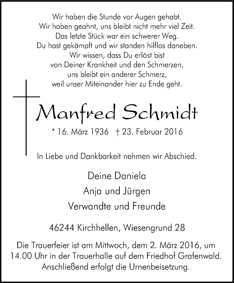 Traueranzeige für Manfred Schmidt vom 27.02.2016 aus Stadtspiegel Bottrop