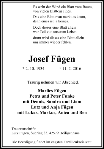 Traueranzeige von Josef Fügen von Stadtanzeiger Velbert + Heiligenhaus