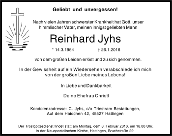 Traueranzeige von Reinhard Jyhs von Stadtspiegel Hattingen/Niedersprockhövel