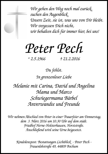 Traueranzeige von Peter Pech von Wochenblatt Herne/Wanne-Eickel
