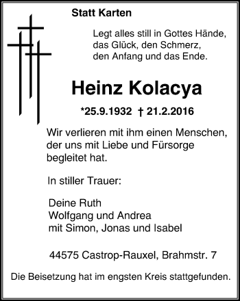 Traueranzeige von Heinz Kolacya von Stadtanz.Castrop-Rauxel