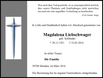 Traueranzeige von Magdalena Liebschwager von Stadtspiegel Menden + Froendenberg