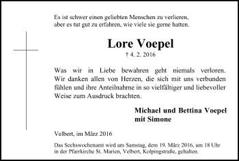 Traueranzeige von Lore Voepel von Stadtanzeiger Velbert + Heiligenhaus