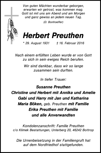 Traueranzeige von Herbert Preuthen von Stadtspiegel Bottrop