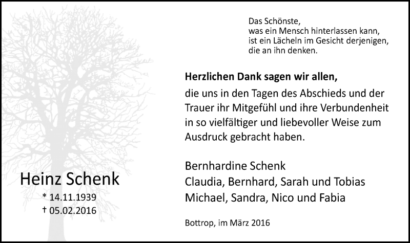  Traueranzeige für Heinz Schenk vom 12.03.2016 aus Stadtspiegel Bottrop