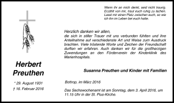 Traueranzeige von Herbert Preuthen von Stadtspiegel Bottrop