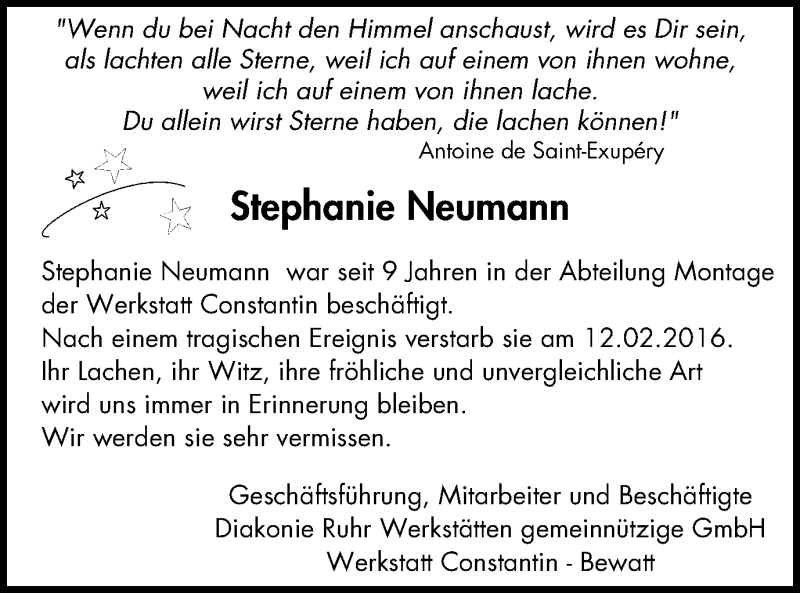  Traueranzeige für Stephanie Neumann vom 05.03.2016 aus Stadtspiegel Bochum + Wattenscheid