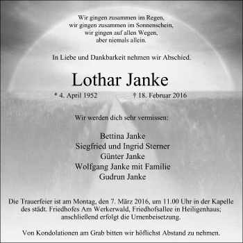 Traueranzeige von Lothar Janke von Stadtanzeiger Velbert + Heiligenhaus