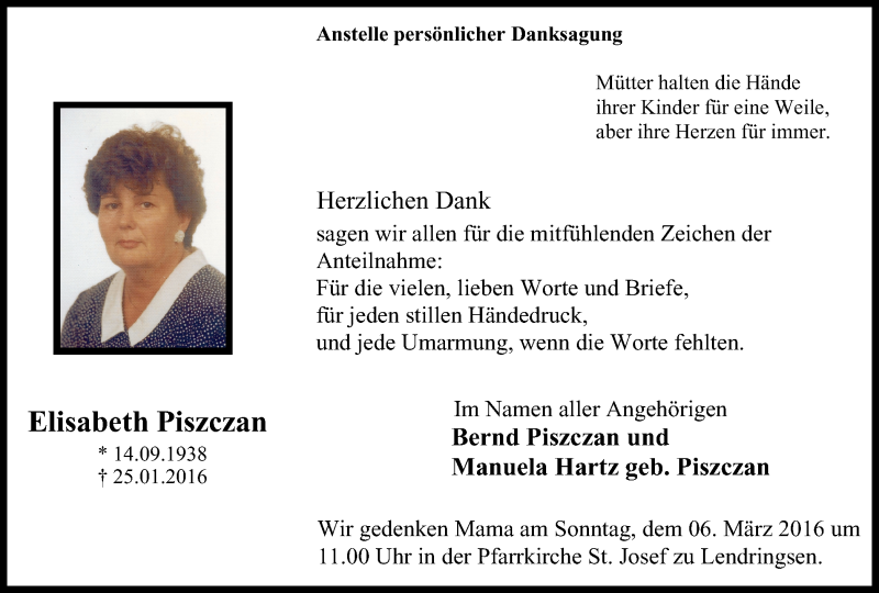  Traueranzeige für Elisabeth Pizczan vom 02.03.2016 aus Stadtspiegel Menden + Froendenberg