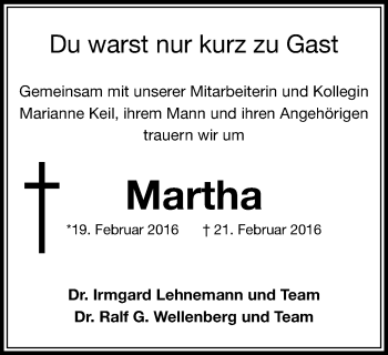 Traueranzeige von Martha  von Lüner Anzeiger