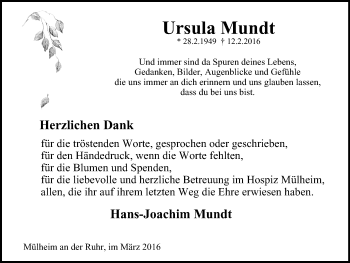 Traueranzeige von Ursula Mundt von Mülheimer Woche
