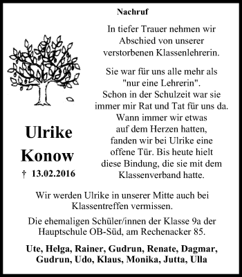 Traueranzeige von Ulrike Konow von Wochen-Anzeiger Oberhausen
