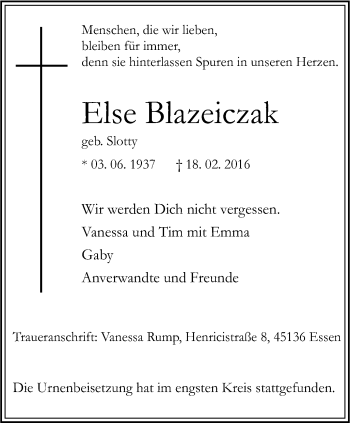 Traueranzeige von Elsa Blazeiczak von Stadtspiegel Bottrop