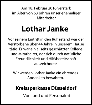 Traueranzeige von Lothar Janke von Stadtanzeiger Velbert + Heiligenhaus