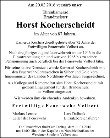 Traueranzeige von Horst Kocherscheidt von Stadtanzeiger Velbert + Heiligenhaus