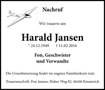 Traueranzeige von Harald Jansen von Stadtanzeiger Emmerich/Rees/Isselburg