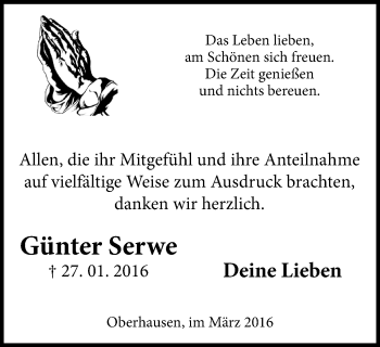 Traueranzeige von Günter Serwe von Wochen-Anzeiger Oberhausen