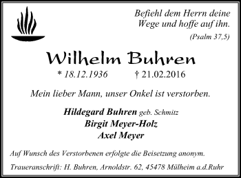 Traueranzeige von Wilhelm Buhren von Mülheimer Woche