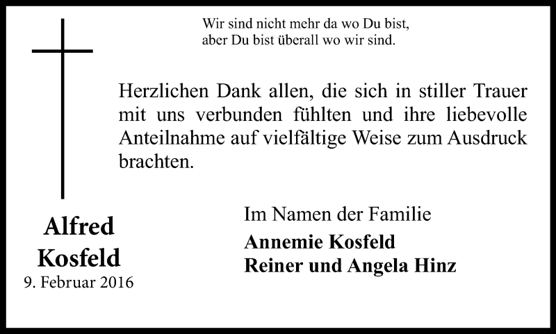  Traueranzeige für Alfred Kosfeld vom 09.04.2016 aus Wochenblatt Herne/Wanne-Eickel