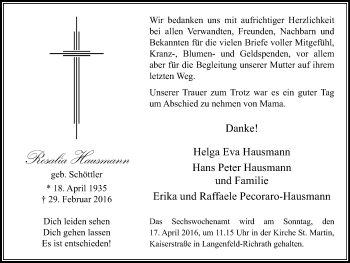 Traueranzeige von Rosalia Hausmann von Wochen-Anzeiger Langenfeld/Monheim/Hilden