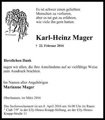 Traueranzeige von Karl-Heinz Mager von Wochen-Anzeiger Oberhausen