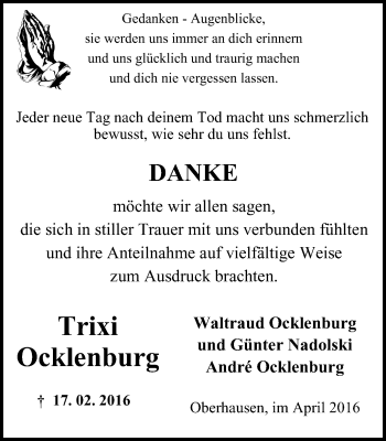 Traueranzeige von Trixi Ocklenburg von Wochen-Anzeiger Oberhausen