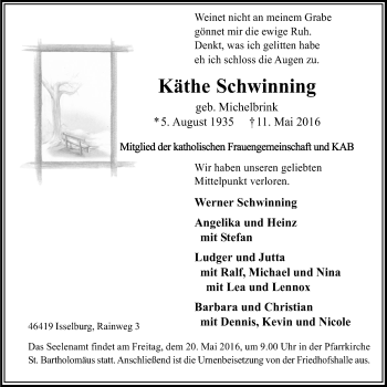 Traueranzeige von Käthe Schwinning von Stadtanzeiger Emmerich/Rees/Isselburg