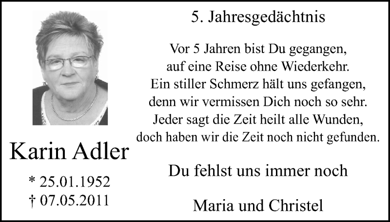  Traueranzeige für Karin Adler vom 07.05.2016 aus Wochen-Anzeiger Oberhausen