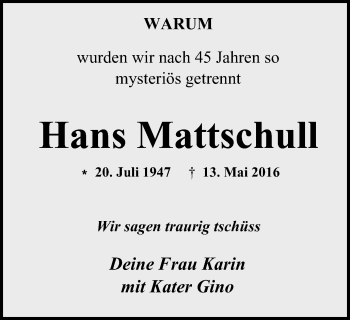 Traueranzeige von Hans Mattschull von Borbeck Kurier