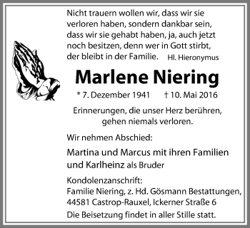 Traueranzeige von Marlene Niering von Stadtanz.Castrop-Rauxel