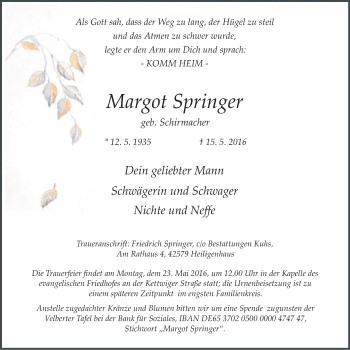 Traueranzeige von Margot Springer von Stadtanzeiger Velbert + Heiligenhaus