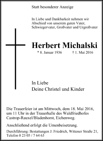 Traueranzeige von Herbert Michalski von Stadtanz.Castrop-Rauxel