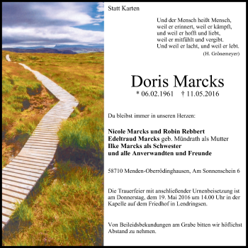 Traueranzeige von Doris Marcks von Stadtspiegel Menden + Froendenberg