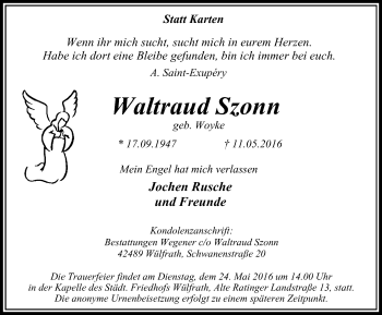 Traueranzeige von Waltraud Szonn von Stadtanzeiger Velbert + Heiligenhaus