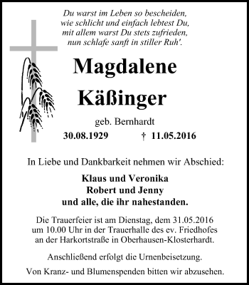 Traueranzeige von Magdalene Käßinger von Wochen-Anzeiger Oberhausen