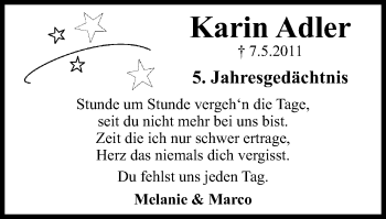 Traueranzeige von Karin Adler von Wochen-Anzeiger Oberhausen
