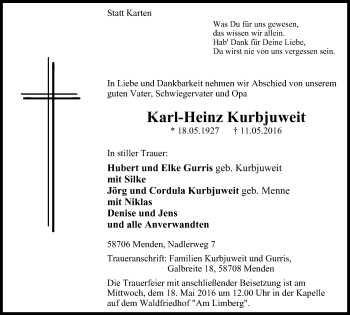 Traueranzeige von Karl-Heinz Kurbjuweit von Stadtspiegel Menden + Froendenberg
